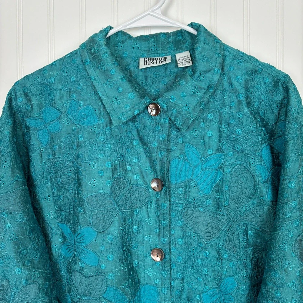 Vintage Chico's Teal Floral Button Up Blouse L Butterfly Silk Artsy Boho Retro - Picture 3 of 10